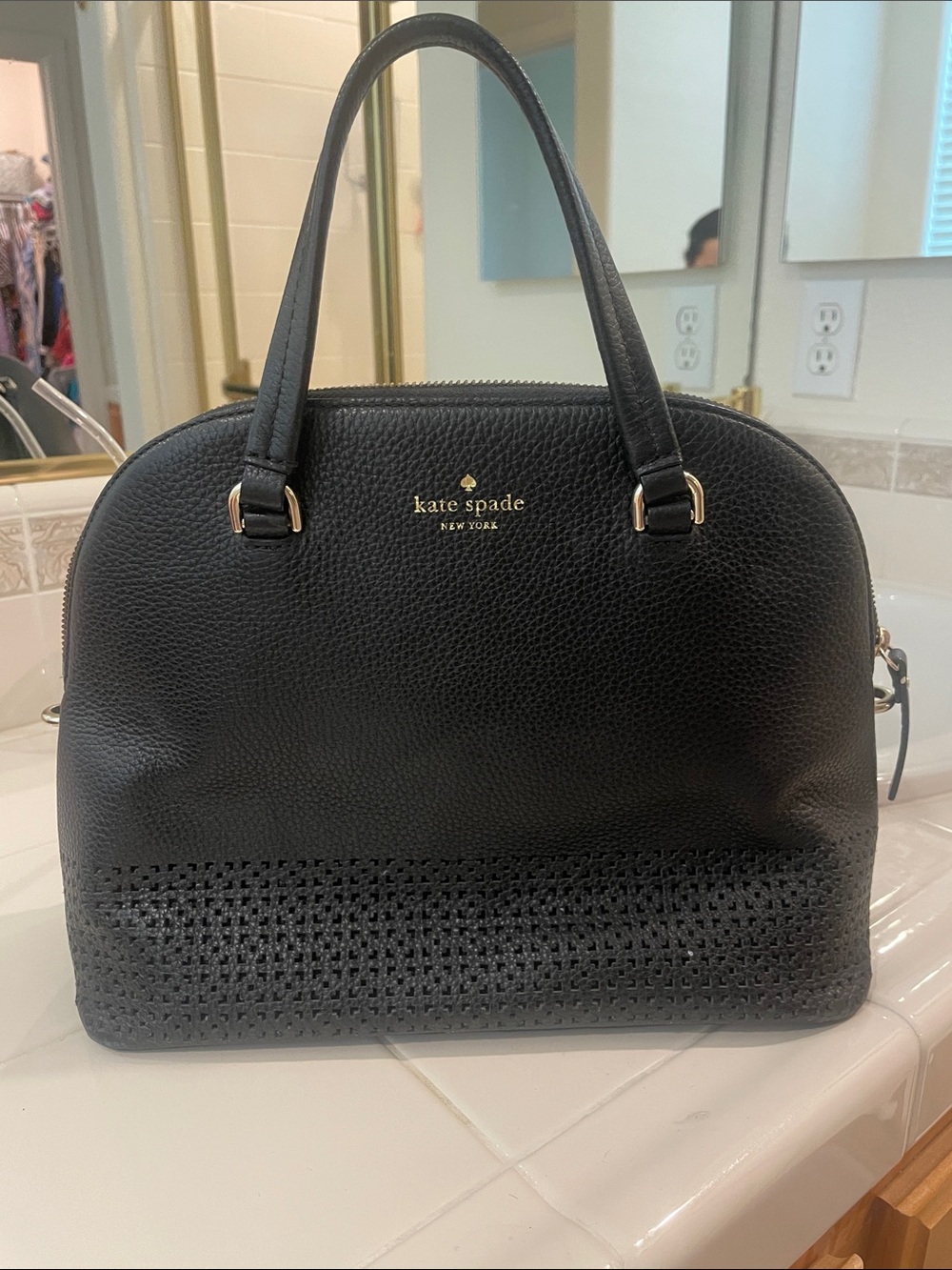 kate spade Black Textured Shoulder Tote with Woven Trim